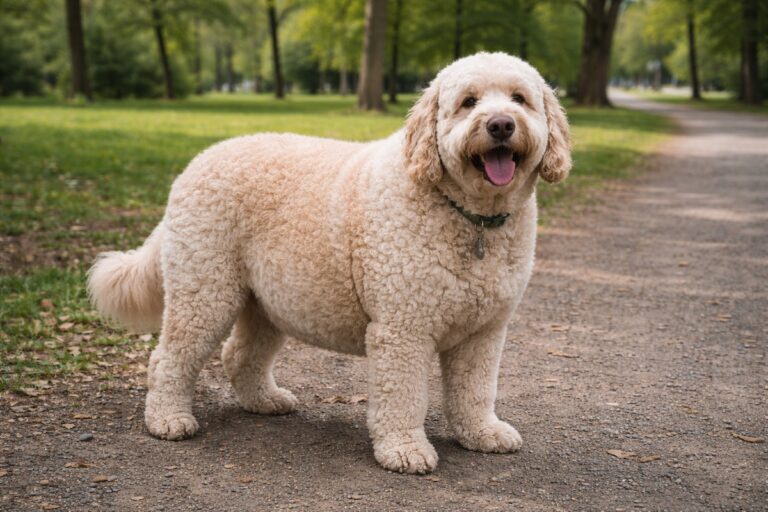 лабрадудль із зайвою вагою стоїть на траві