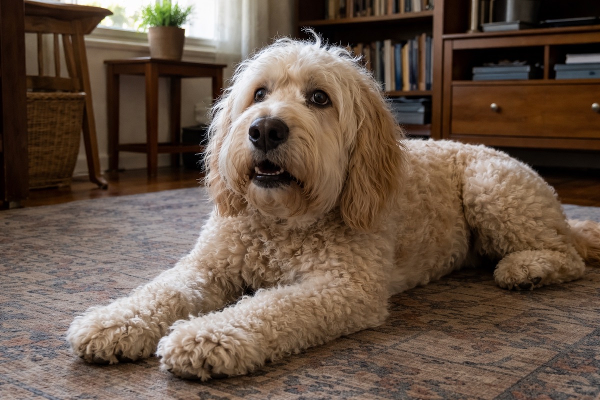 лабрадудль тихо скавчить лежачи на підлозі