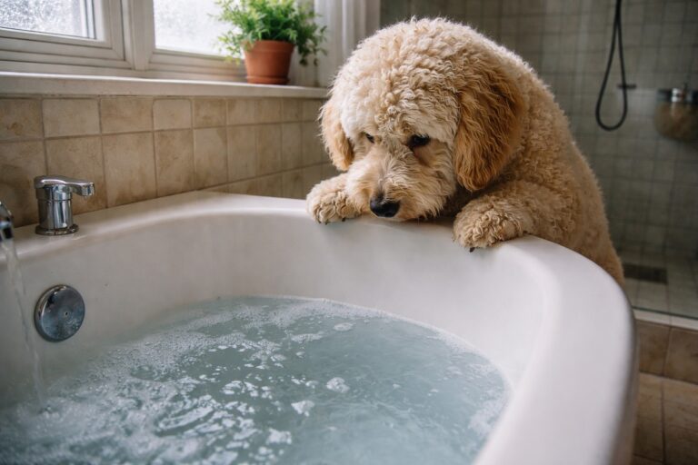 лабрадудль насторожено стоїть біля ванни з водою