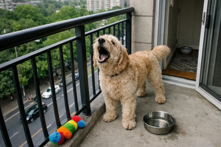 Голдендудль гавкає на балконі