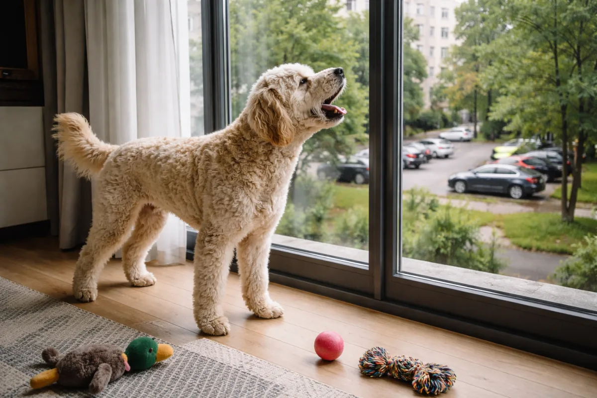 Лабрадудль гавкає біля вікна