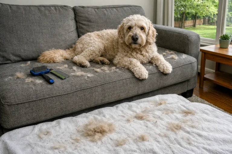 Лабрадудль на дивані, шерсть на тканині