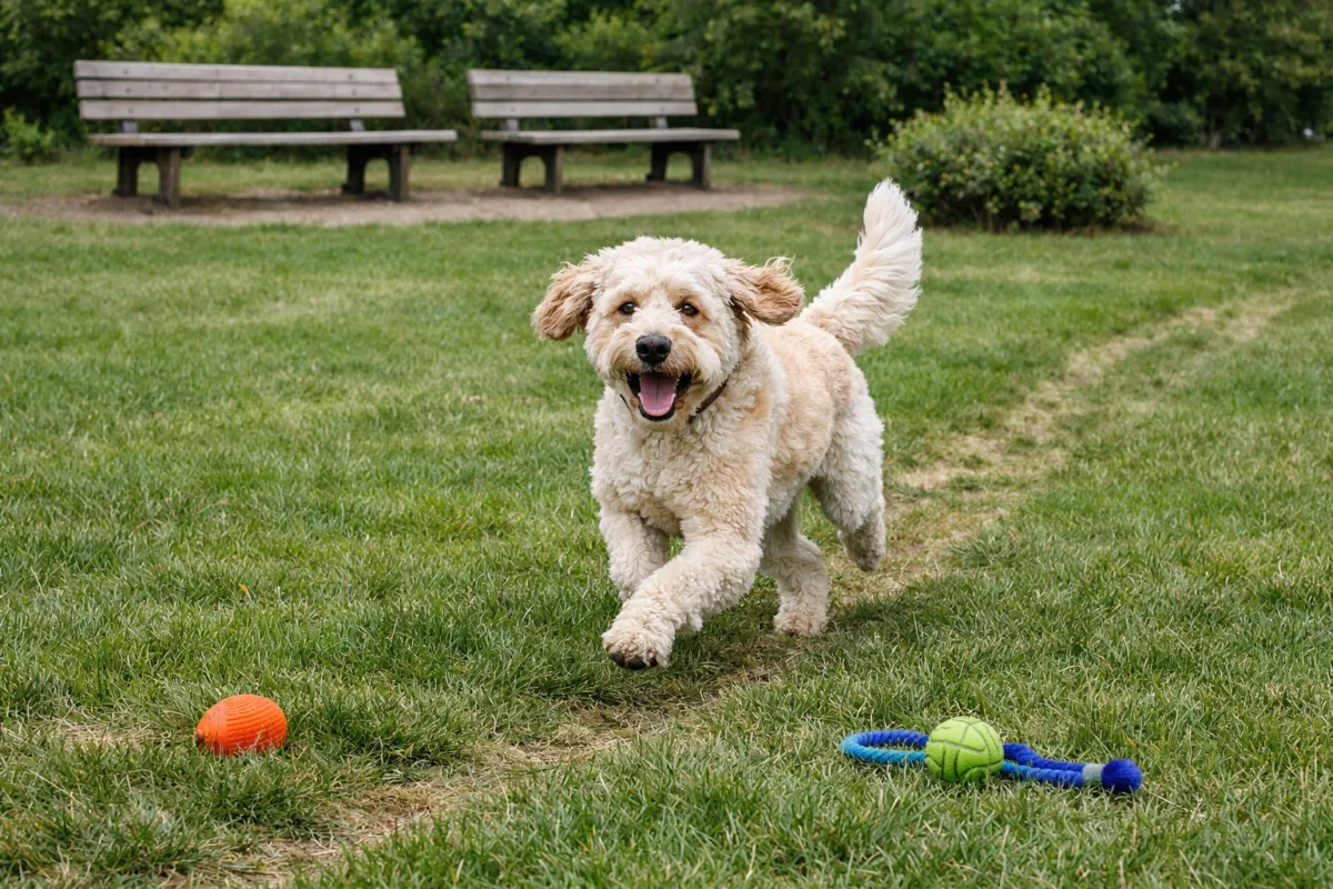 Енергійний лабрадудль біжить парком