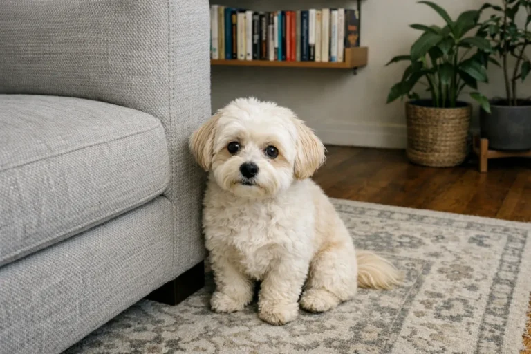 Мальтіпу скиглить біля дивана