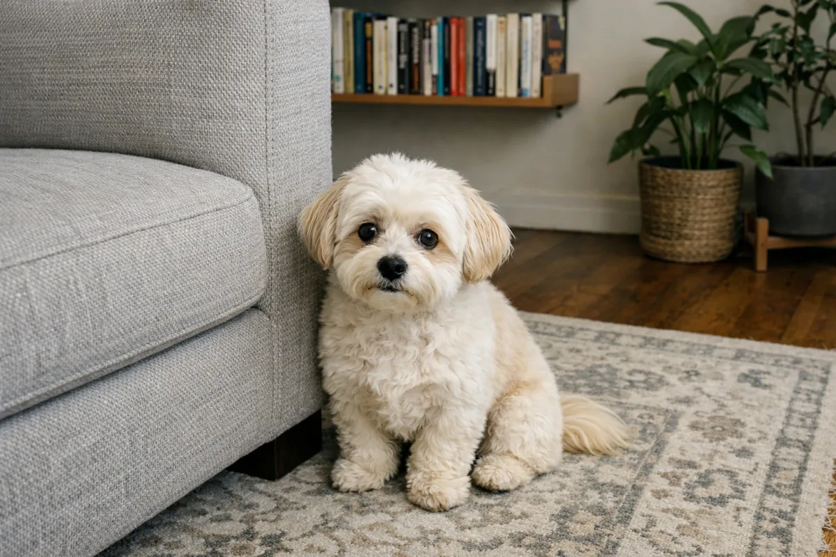 Мальтіпу скиглить біля дивана