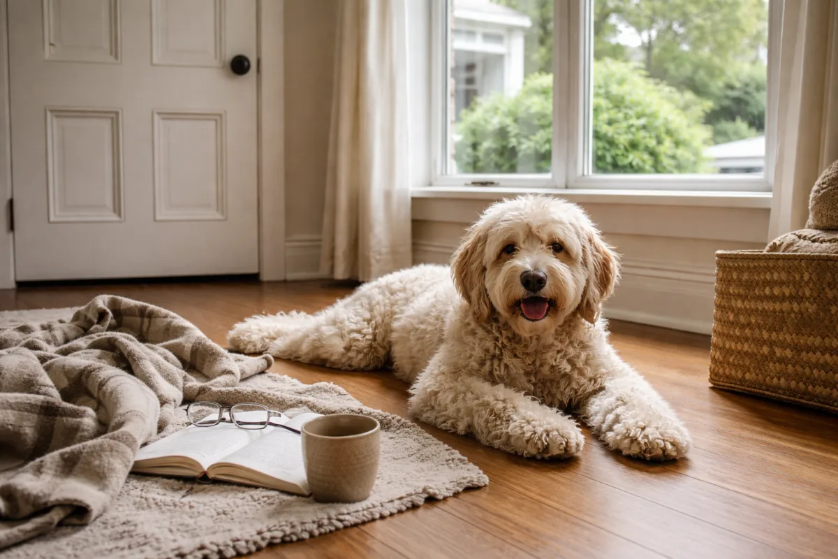 Лабрадудль сам у кімнаті