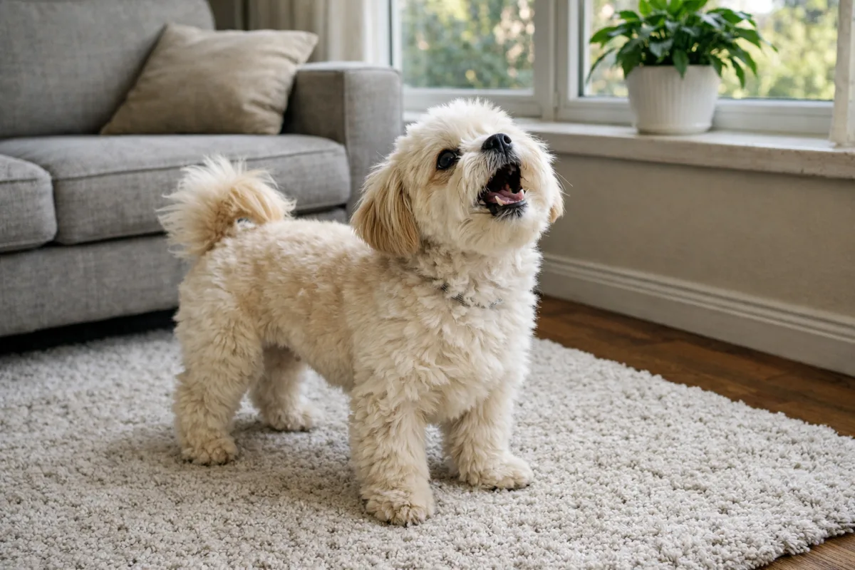 Гавкаючий мальтіпу у вітальні