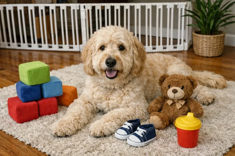 Голдендудль біля дитячих іграшок