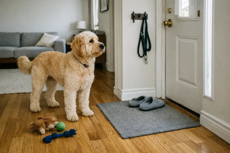 Голдендудль йде поруч із господарем