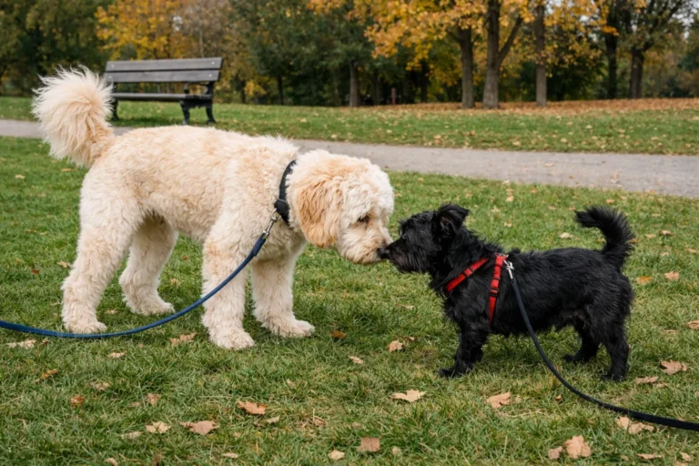 Голдендудль знайомиться з іншою собакою