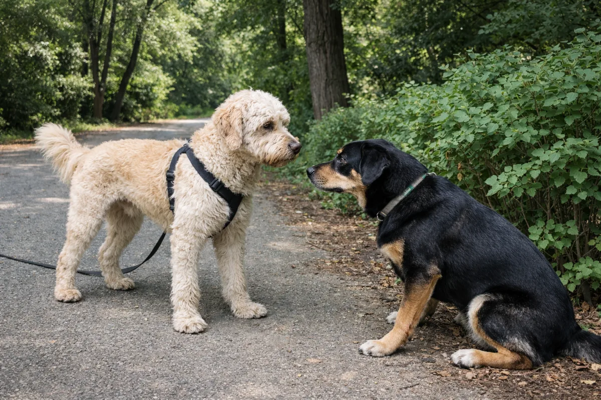 Лабрадудль і інша собака під час зустрічі