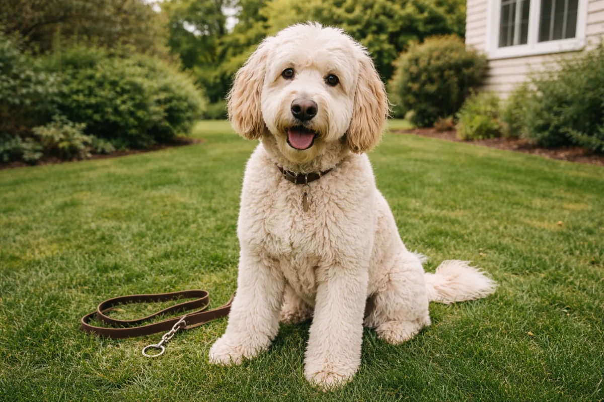 Лабрадудль на зеленій галявині