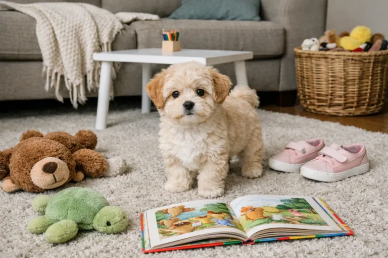 Мальтіпу з іграшками біля дитячих речей