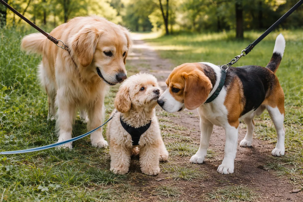 Мальтіпу з іншими собаками на прогулянці