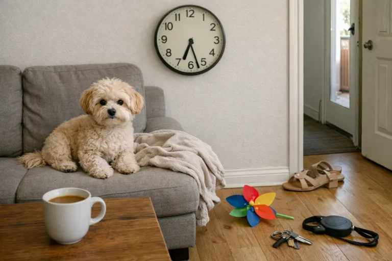 Мальтіпу на дивані поруч з речами господаря