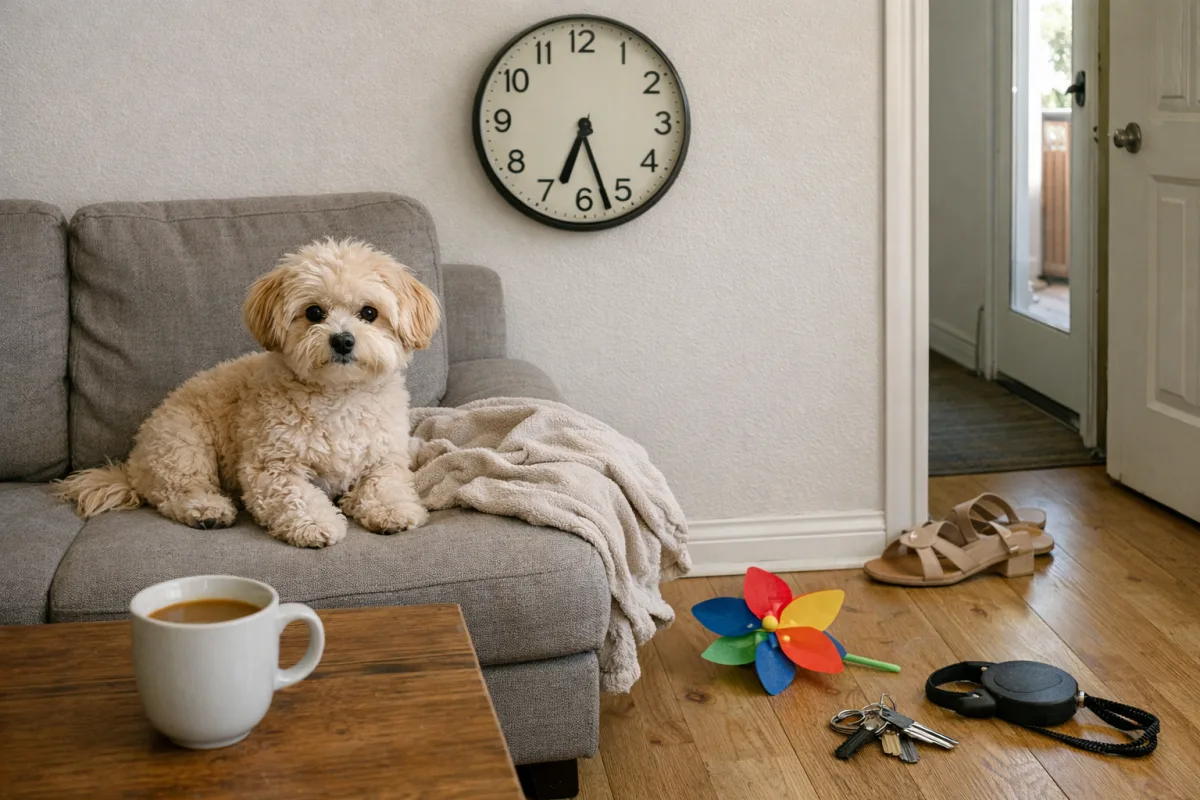 Мальтіпу на дивані поруч з речами господаря