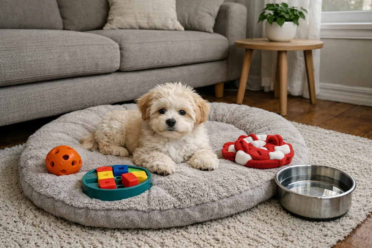 Мальтіпу в кімнаті біля іграшок