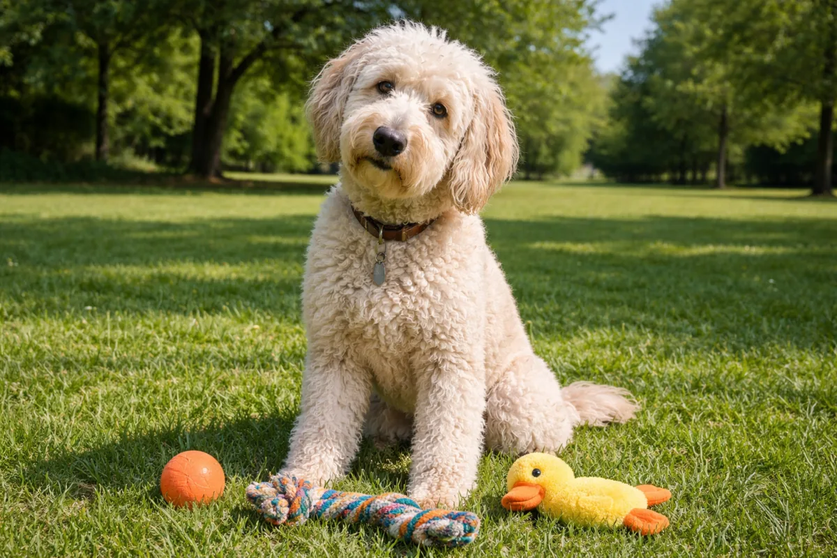 Лабрадудль сидить у траві