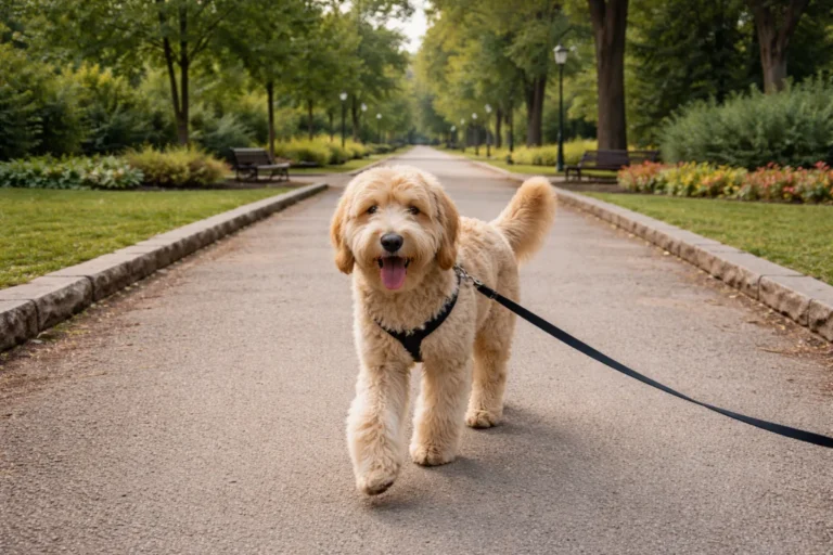 Голдендудль на прогулянці в парку
