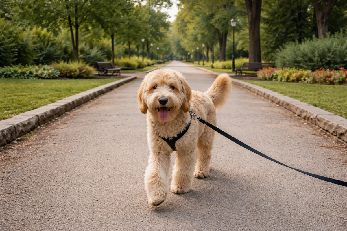 Голдендудль на прогулянці в парку