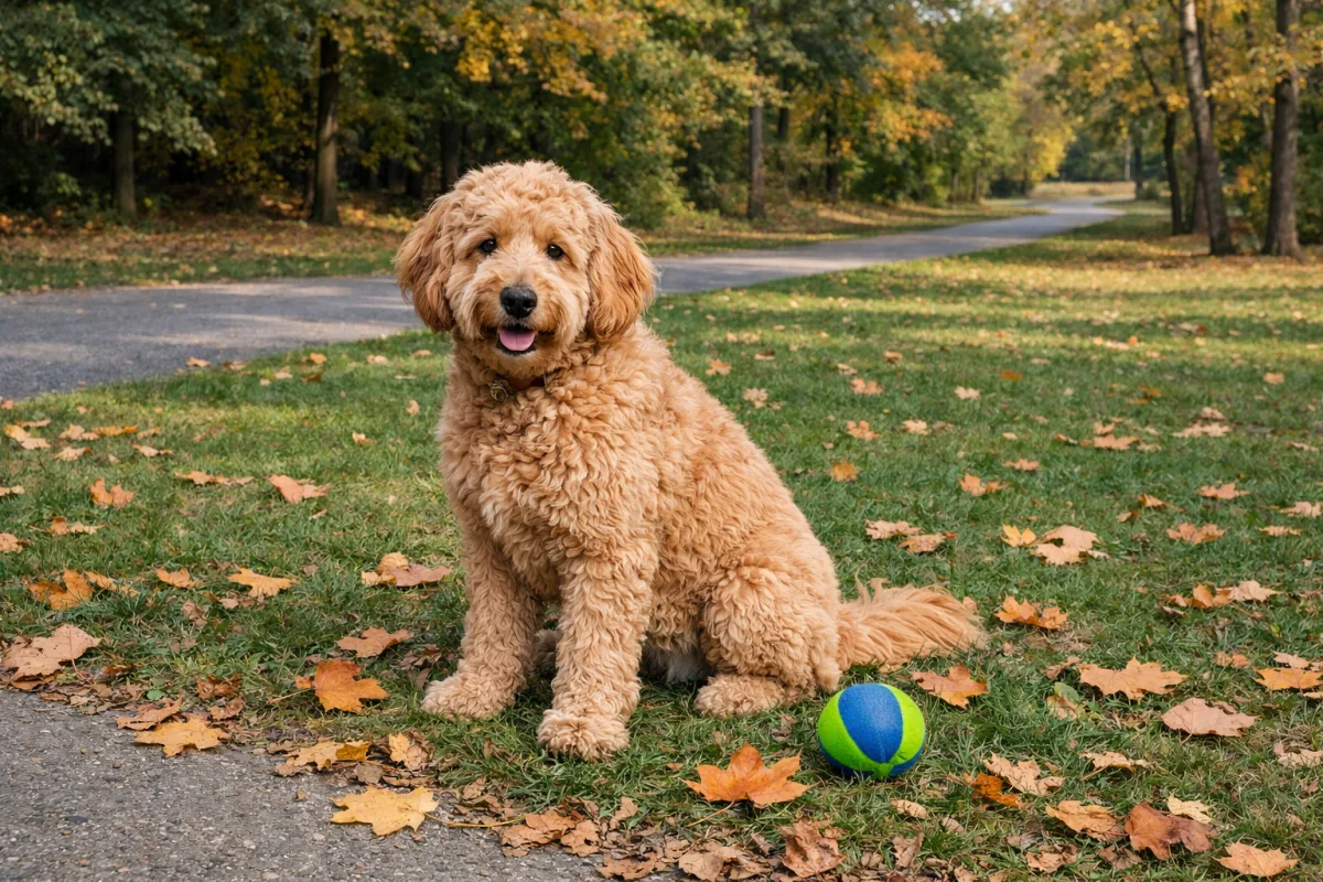 Голдендудль на прогулянці в парку