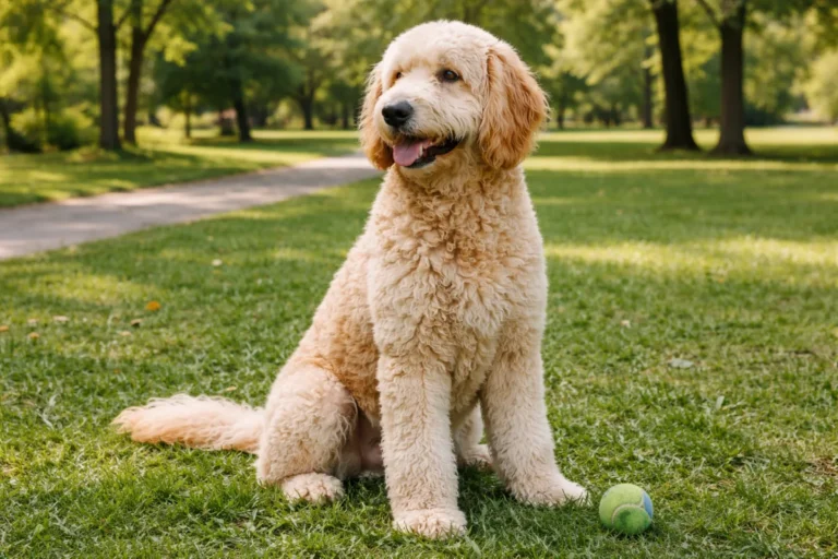 Голдендудль на траві, уважний погляд